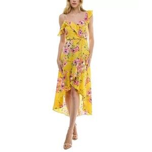 BCX Women Juniors Printed Asymmetric Ruffle Wrap High Low Summer Dress Yellow XS